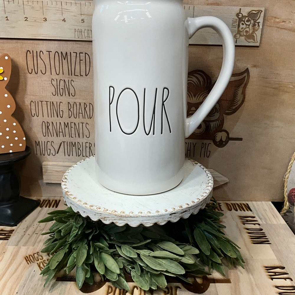 Rae Dunn White Ceramic Pitcher with 'POUR' Text
